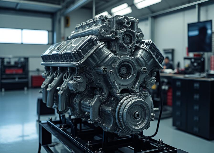 チューニングガレージで作業中の高性能エンジン